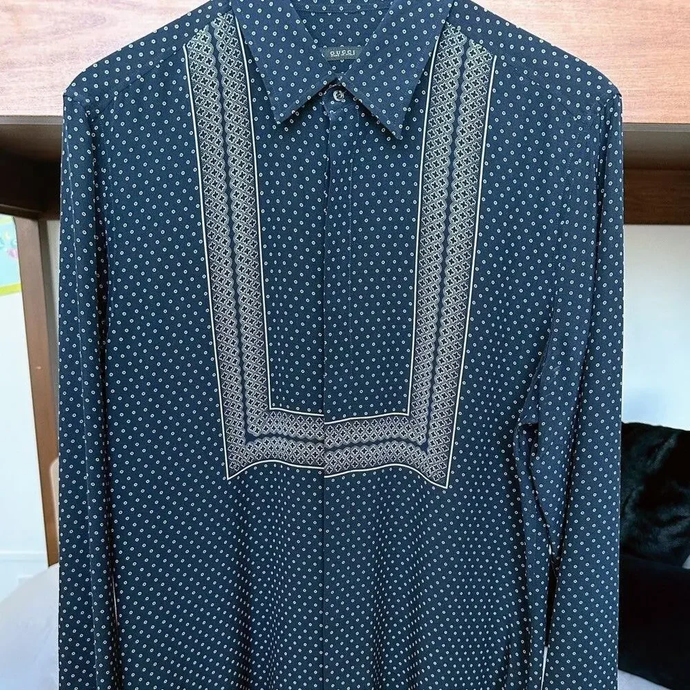 Gucci Resort 2014 Tile Pattern Silk Twill Shirt Slim fit  41 / 16  Made in Italy